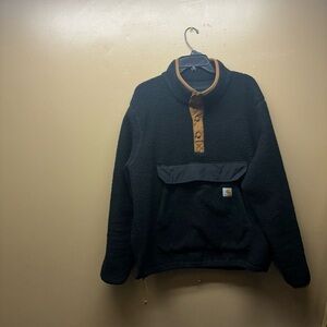 Carrhart Sweater Mens XL Black Sherpa Fleece 1/4 Snap Pullover Long Heavyweight